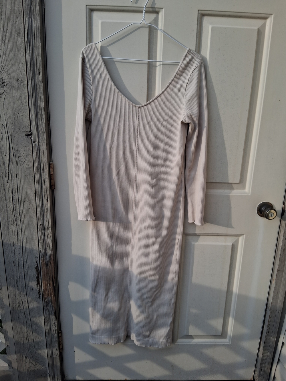 Pact Ribbed Long Sleeve V‑Neck Midi Dress in Light Beige
